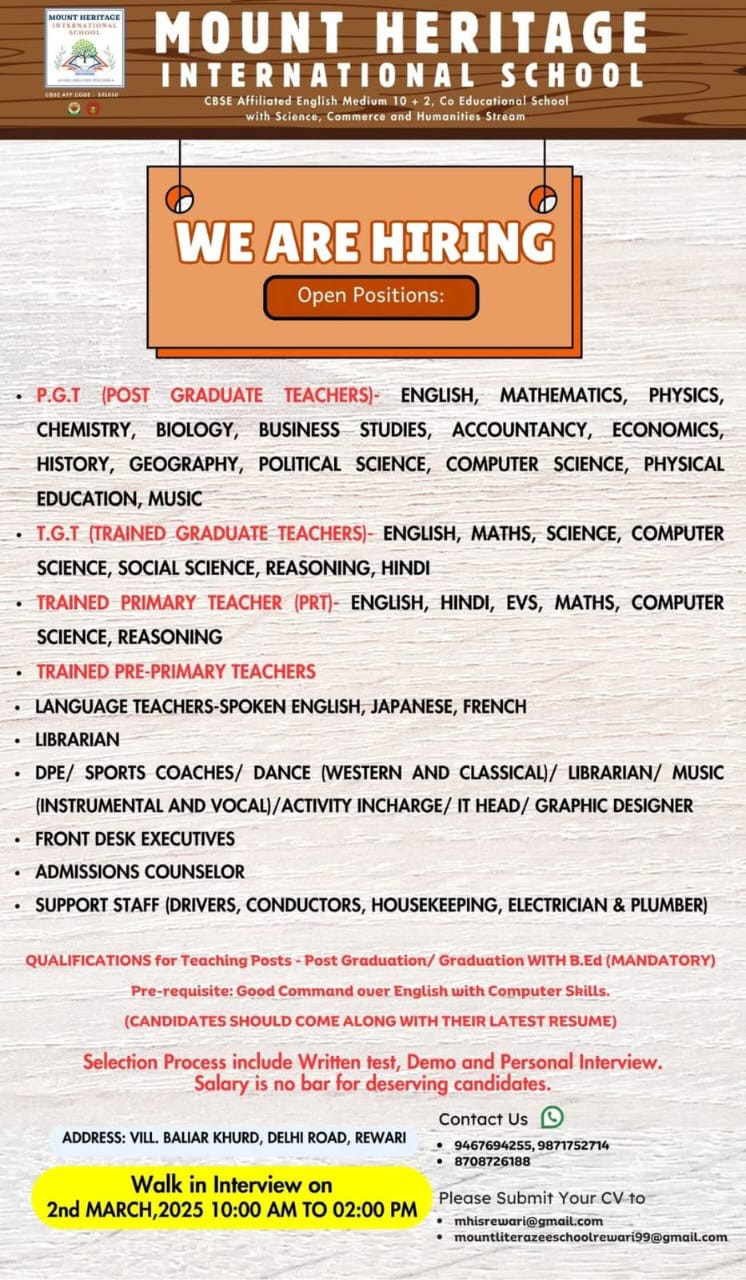 School Jobs at  Mount Heritage International School, Rewari, Haryana ,  Rewari